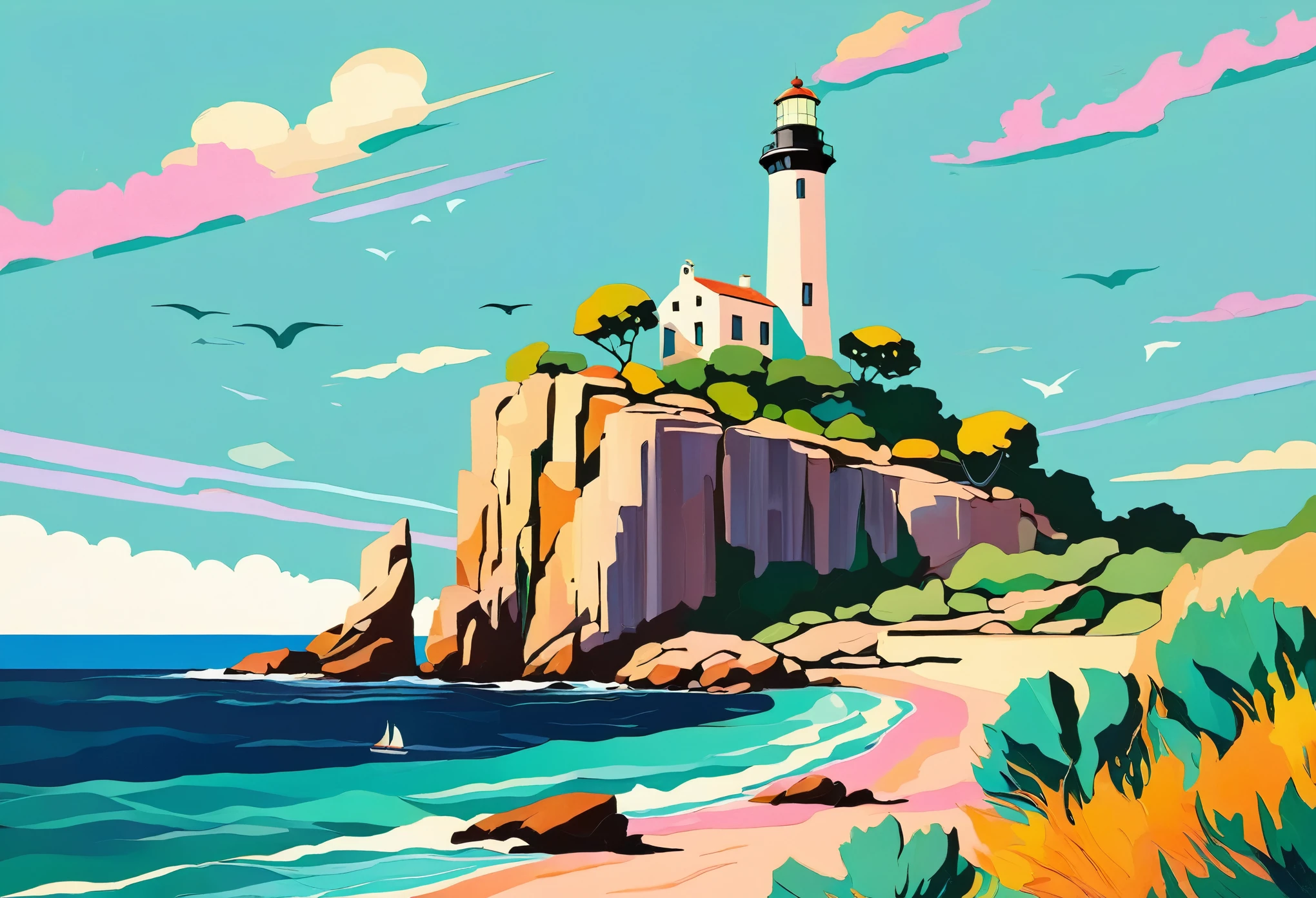 a thick textured oil painting, impasto brushstrokes, dry brushing,revealing underlayers, breathtaking composition, Create an art deco inspired illustration of A scenic lighthouse perched on a rocky coastline, overlooking the turquoise waters of Cala Ratjada. Include vibrant pastel colors, sleek lines, and a retro summer atmosphere. The style should be reminiscent of vintage travel posters with a modern twist, a thick textured oil painting, impasto brushstrokes, dry brushing,revealing underlayers, breathtaking composition