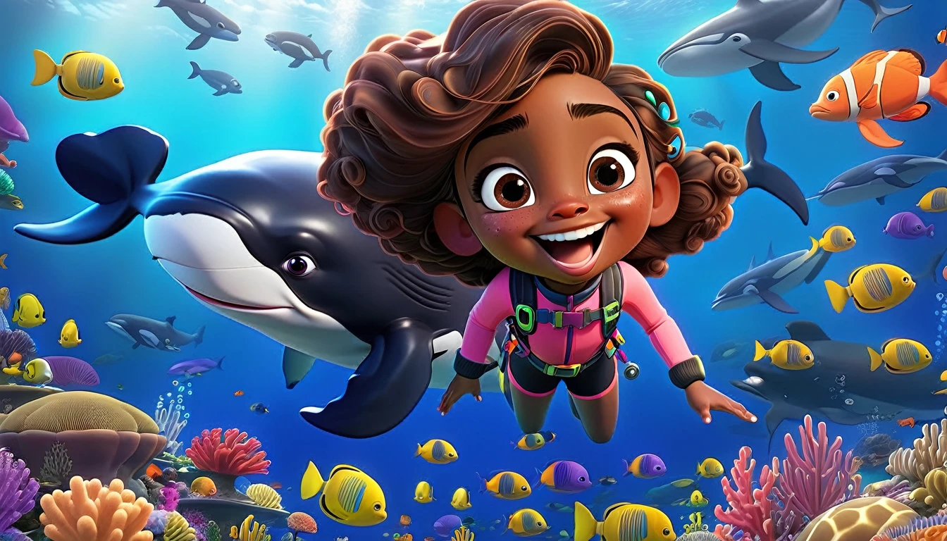 A vibrant underwater scene in 3-D Pixar style featuring Arya, a cute little Black girl with curly hair, wearing a colorful diving suit and goggles. She's surrounded by various ocean creatures including a massive whale, which is about the size of three school buses. The background shows a deep blue ocean with coral reefs, schools of fish, and bubbles. Arya is pointing towards the whale with a big smile, ready to introduce the wonders of the ocean to her little explorers. The scene is cheerful and full of life, capturing the excitement of discovering the ocean's secrets.