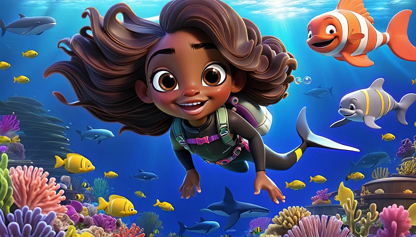 A vibrant underwater scene in 3-D Pixar style featuring Arya, a cute little Black girl with curly hair, wearing a colorful diving suit and goggles. She's surrounded by various ocean creatures including a massive whale, which is about the size of three school buses. The background shows a deep blue ocean with coral reefs, schools of fish, and bubbles. Arya is pointing towards the whale with a big smile, ready to introduce the wonders of the ocean to her little explorers. The scene is cheerful and full of life, capturing the excitement of discovering the ocean's secrets.