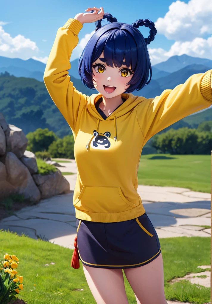 Masterpiece, Best Quality, 1 girl, Xiangling (genshin impact), selfie, SMILE, hair ornament, IN, looking at the viewer, yellow eyes, short hair, :d, fringe, hair pin, Open mouth, long sleeves, thick eyebrows, Hoodie, >_<, blue hair, puesta de sun, Casual, blurred, Arm raised, fringe romo, Upper part of the body, suno, disfraz alternatiINo, sun, reaching the viewer, Xd, sweater, outdoor, braid, panda, mountain, depth of field, sky