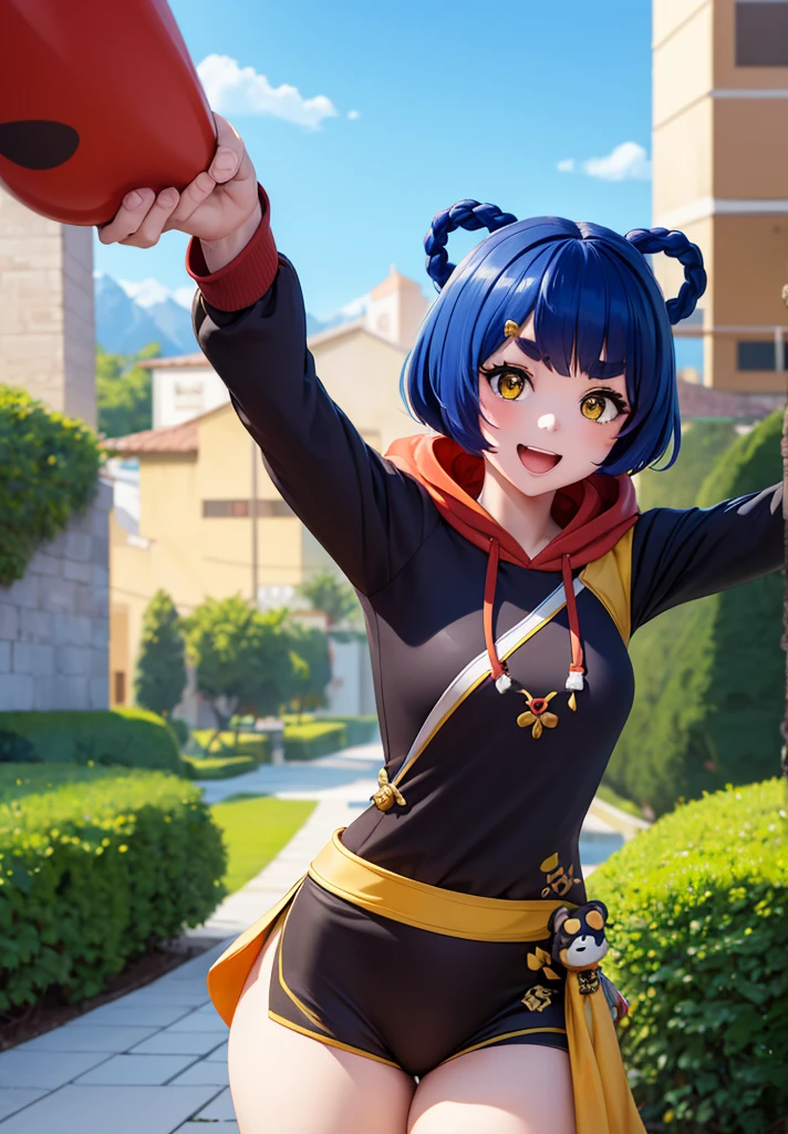 Masterpiece, Best Quality, 1 girl, Xiangling (genshin impact), selfie, SMILE, hair ornament, IN, looking at the viewer, yellow eyes, short hair, :d, fringe, hair pin, Open mouth, long sleeves, thick eyebrows, Hoodie, >_<, blue hair, puesta de sun, Casual, blurred, Arm raised, fringe romo, Upper part of the body, suno, disfraz alternatiINo, sun, reaching the viewer, Xd, sweater, outdoor, braid, panda, mountain, depth of field, sky