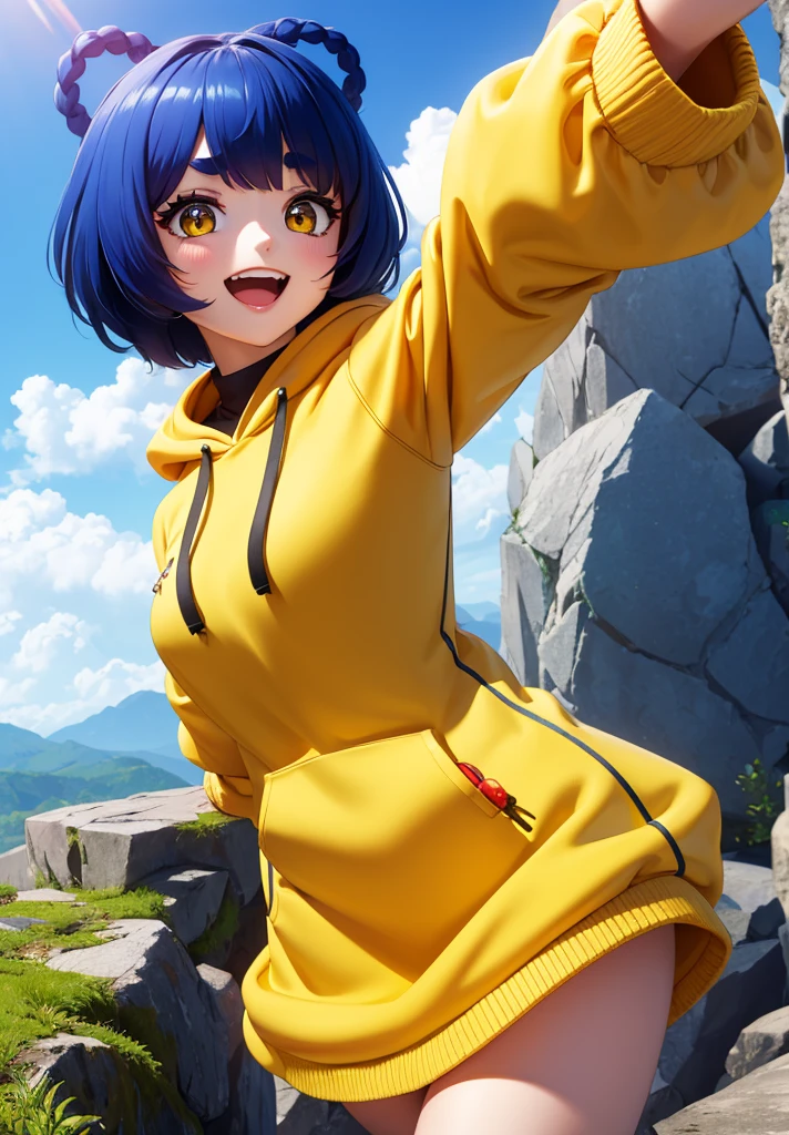 Masterpiece, Best Quality, 1 girl, Xiangling (genshin impact), selfie, SMILE, hair ornament, IN, looking at the viewer, yellow eyes, short hair, :d, fringe, hair pin, Open mouth, long sleeves, thick eyebrows, Hoodie, >_<, blue hair, puesta de sun, Casual, blurred, Arm raised, fringe romo, Upper part of the body, suno, disfraz alternatiINo, sun, reaching the viewer, Xd, sweater, outdoor, braid, panda, mountain, depth of field, sky