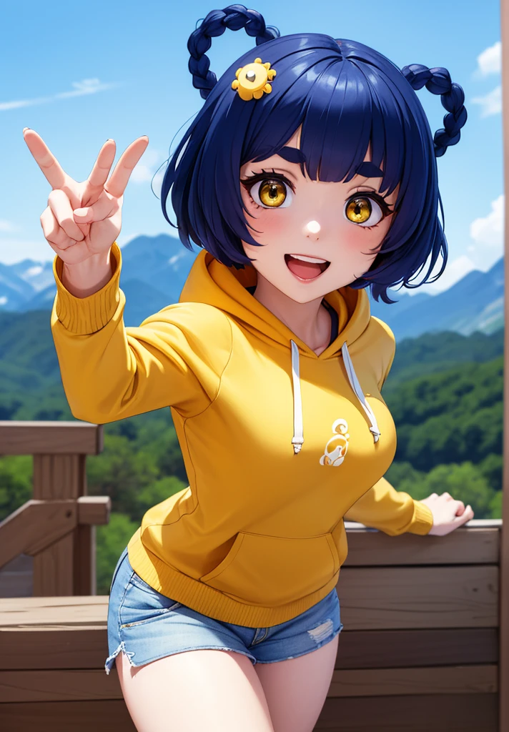 Masterpiece, Best Quality, 1 girl, Xiangling (genshin impact), selfie, SMILE, hair ornament, IN, looking at the viewer, yellow eyes, short hair, :d, fringe, hair pin, Open mouth, long sleeves, thick eyebrows, Hoodie, >_<, blue hair, puesta de sun, Casual, blurred, Arm raised, fringe romo, Upper part of the body, suno, disfraz alternatiINo, sun, reaching the viewer, Xd, sweater, outdoor, braid, panda, mountain, depth of field, sky