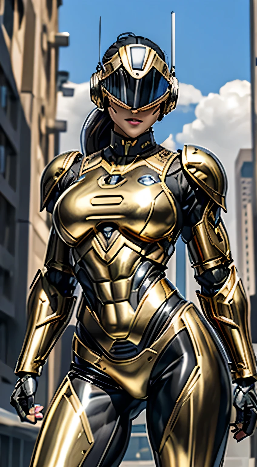 Female Robocop Solo、Bright outdoors、strong light source、8K, high quality, masterpiece, 最high quality, Crisp contrast、Very detailed、Full body armor、Very large armor、Helmet covering the head、Clear photos、His eyes are hidden by thin straight goggles:1.3、The lower half of the face is raw々Shii:1.5、The lower half of the face is exposed、Seductive lips、Black metallic armor、Gold accents、Armor that completely covers the chest、Long, slender legs、Vibrant Posselo Body View,Big and ample breasts:1.5, (Sports Body:1.5)、Five Fingers、Hold a handgun、In the city