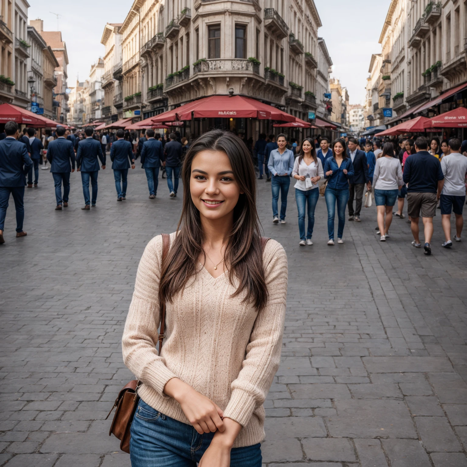 A woman in a city street taking a selfie, morning light, cityscape, detailed city buildings, cobblestone street, warm sunlight, colorful clothing, happy expression, beautiful detailed eyes, beautiful detailed lips, extremely detailed face and skin, detailed hairstyle, city traffic, pedestrians, outdoor cafe, (best quality,4k,8k,highres,masterpiece:1.2),ultra-detailed,(realistic,photorealistic,photo-realistic:1.37),high quality, vibrant colors, natural lighting, street photography