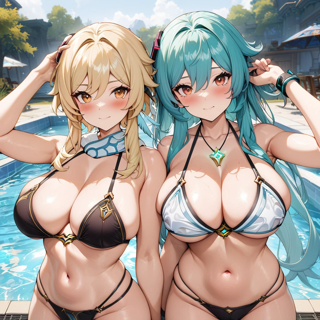(masterpiece), (highest quality), (illustration), (super detailed), (high resolution), absurdity,2girls, hatsune miku,(lumine,genshin impact:1.4),poolside,looking at viewer,patterned string bikini,navel,happy,blush,curvy,big breasts,triangle pendant,hand over head,hair down,sexy pose,standing