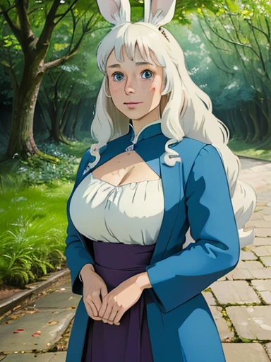 (best quality,4k,8k,highres,masterpiece:1.2), ultra-detailed, realistic:1.37, young solo girl, detailed blue eyes, bunny ears,bunny tail, freckles,large breasts, cute, white hair, long wavy hair, portrait, vibrant colors, soft lighting, in a park, wearing Japanese style clothes 