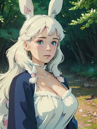 (best quality,4k,8k,highres,masterpiece:1.2), ultra-detailed, realistic:1.37, young solo girl, detailed blue eyes, bunny ears,bunny tail, freckles,large breasts, cute, white hair, long wavy hair, portrait, vibrant colors, soft lighting, in a park, wearing Japanese style clothes
