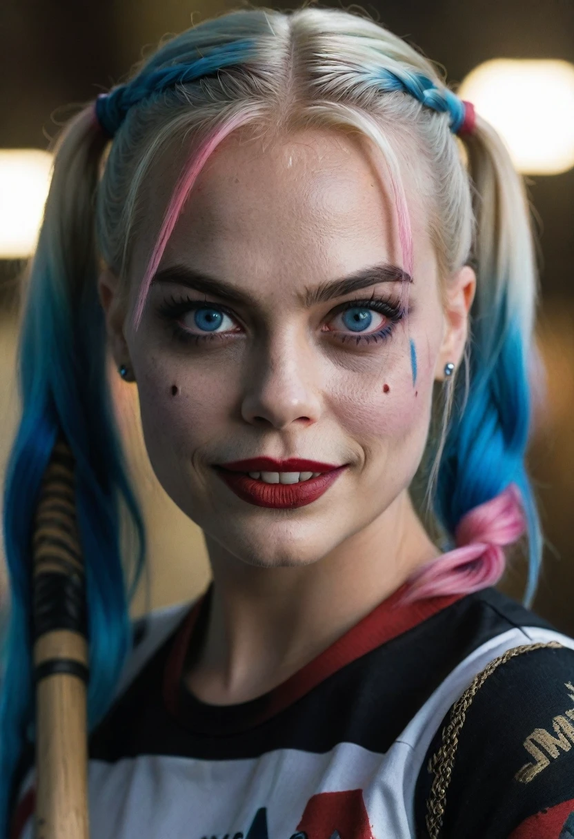 cinematic shot from the film (movie yet) from "Suicide Squad" , (extremely complex:1.3), (realistic), Portrait of a girl, the most beautiful in the world, Margot Robbie as Harley Quinn, multicolored hair, braids, Blue eyes, baseball bat, teeth, (detailed face, detailed eyes, Clean skin, clear eyes), photorealistic, award-winning, professional photo of a stunning woman in detail, sharp focus, Dramatic, award-winning, Cinematic lighting, dtx volumetrics