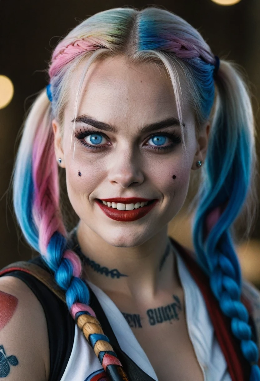 cinematic shot from the film (movie yet) from "Suicide Squad" , (extremely complex:1.3), (realistic), Portrait of a girl, the most beautiful in the world, Margot Robbie as Harley Quinn, multicolored hair, braids, Blue eyes, baseball bat, teeth, (detailed face, detailed eyes, Clean skin, clear eyes), photorealistic, award-winning, professional photo of a stunning woman in detail, sharp focus, Dramatic, award-winning, Cinematic lighting, dtx volumetrics