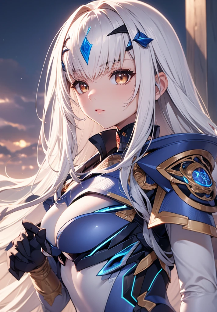 Melusina, Melusina, (Brown eyes:1.5), long hair, White hair, side locks, (small chest:1.2),
Armor BREAK, dress blindado, dress negro, gloves negros, blue armor, dress azul, peto, dress, sashes, gloves, mask, shoulder pads, dress corto, shoulder armor,
REST looking at the viewer,
REST outdoors,
BREAK (Masterpiece:1.2), Best Quality, high resolution, unity 8k wallpaper, (illustration:0.8), (Beautiful detailed eyes:1.6), extremely detailed face, perfect lighting, Extremely detailed CG, (perfect hands, perfect anatomy),