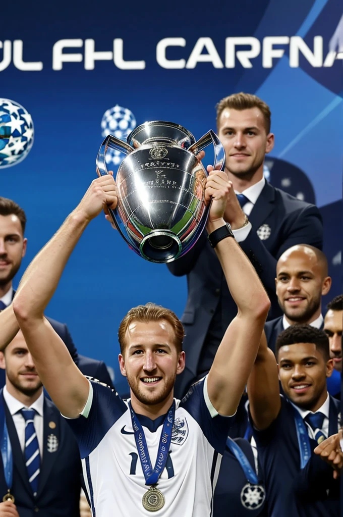 harry kane lifting the uefa champions league trophy