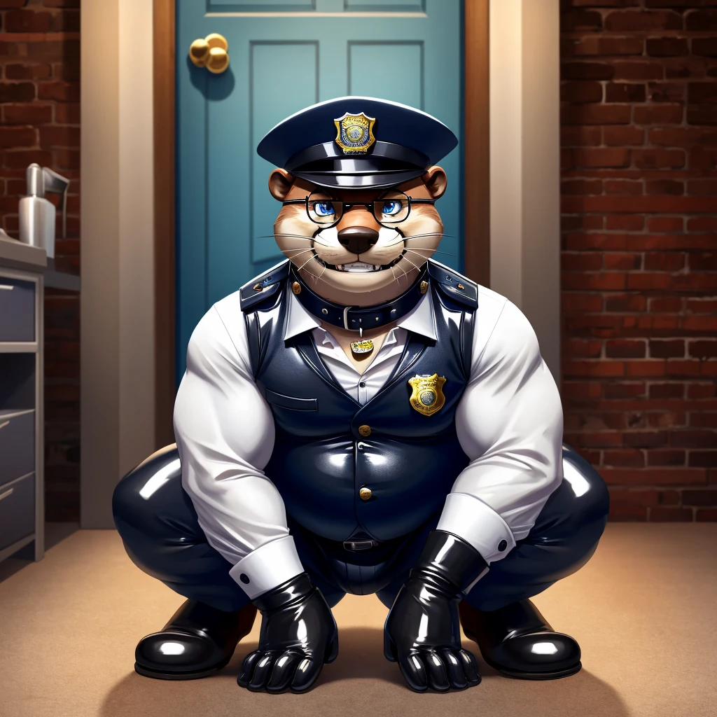 Solo, Male, fat, squatting, extremely obese, gentleman, dapper Otter, blue eyes, (soft shading), 4k, hi res, ((detailed face, detailed)), looking at viewer, evil grin, police station, collared shirt with buttons, hat, male focus, Police Uniform, glasses, monocle, vest with buttons, sleeves rolled up, round eyewear, headwear, vest, Otter is wearing a glossy leather dog collar around the neck, Otter is wearing the leather collar and shirt and vest at the same time, Otter is wearing glossy white rubber gloves on the hands, wearing white rubber gloves on the feet, Otter is wearing glossy white cuffs around the wrists with cufflinks, gloves are rubber in texture, clenching teeth, clenching fists, leather collar is glossy and shiny with a lot of detail, Otter is wearing gloves and cuffs and cufflinks at the same time, leather collar has a round dog-tag, leather collar is thick and detailed, white rubber gloves on the feet.