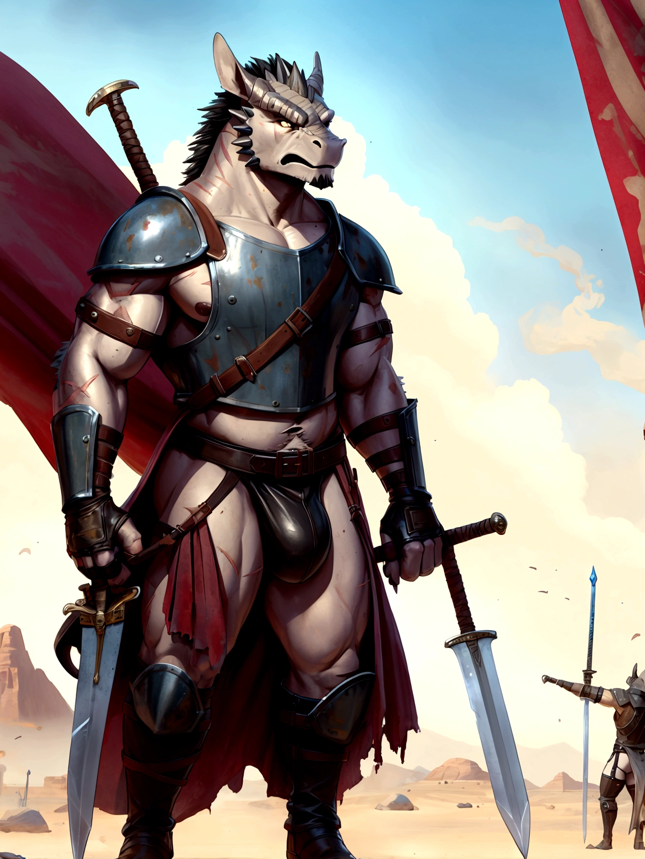 Solo Sexy anthro scalie dragon male mercenary medieval solider, slim endomorph muscular handsome model male apperance, sword scars, worn out rusty skimpy armament, low on hips heavy leather belt, old very worn out skimpy dirty linen material jockstrap, old yellow dirty worn out stains on white jockstrap, skimpy armlets studded breastplate armor, skimpy rusty breastplate, leather biceps tighs bondages, fingerless leather gloves, smelly unwashed husk, dirty body look, desert battlefield, battlefield aftermatch landscape (scattered or stuck spears, war banners, swords, weapons) standing in fighting ready position, legs wide open, close view of full character, angry hesitant, watchful eyes, angry, clenches his teeth
