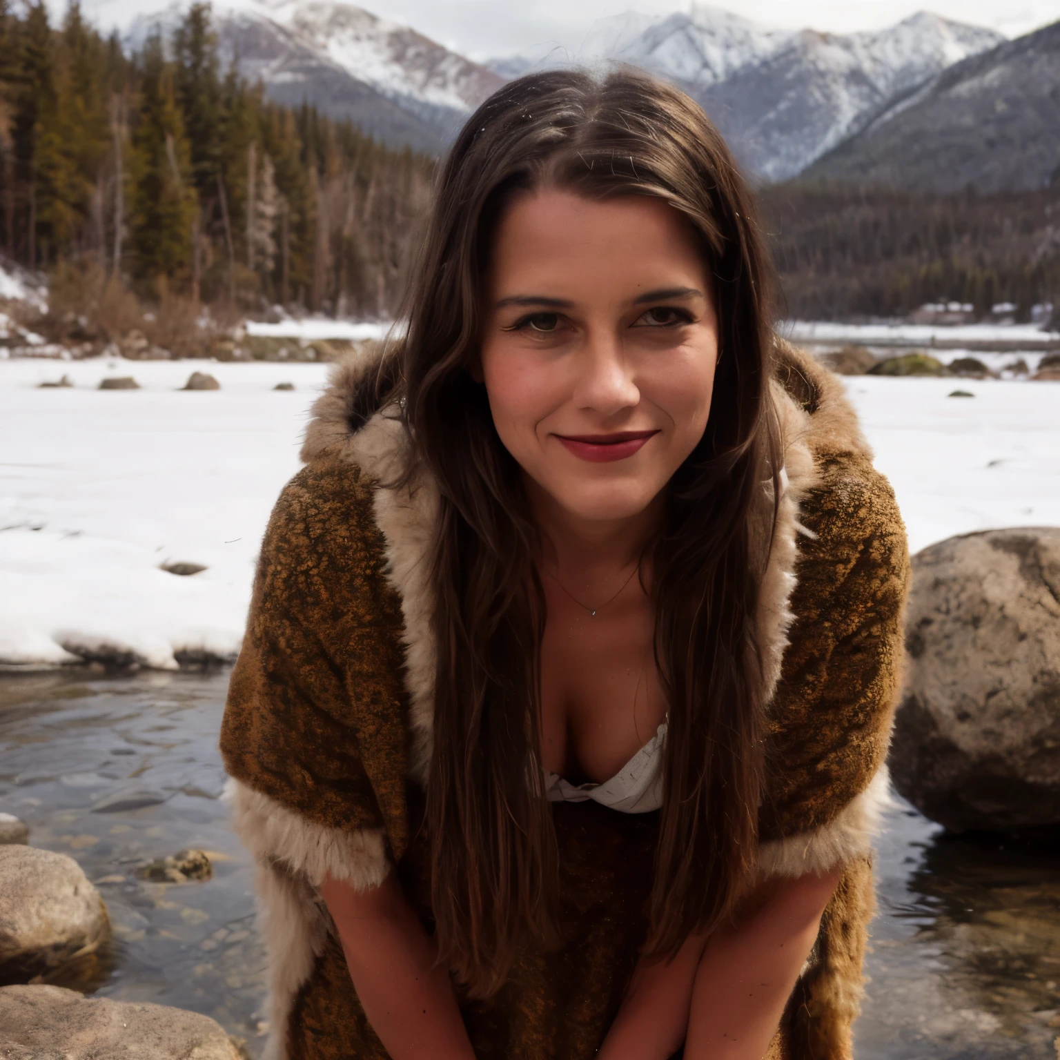 February Prompt
A woman named LaGermania, seductive, slightly smiling, with black hair, having fun, poses for a chic calendar photoshoot in the east of Canada's Rocky Mountains during February. She stands on a snowy gravel beach with huge boulders, the sea reflecting the soft light of late winter, and the majestic Rocky Mountains in the background. LaGermania, with open, interested, curious, seductive, knowing eyes, is playfully interacting with a small snowshoe hare, her eyes twinkling with mischief. She wears traditional winter attire of the Saulteaux tribe, adorned with turquoise pearls and a massive feather headdress, reflecting the cultural heritage of the region. Her clothing consists of a tanned moose hide dress, decorated with intricate beadwork and fringes, along with fur-lined moccasins and a bear fur cloak for warmth. Her jet-black hair is styled in long, flowing braids intertwined with feathers and beads, adding elegance to her ensemble. She has a sporty figure, her playful poses combine humor and allure. The surroundings are alive with the beauty of nature, with the snowy gravel beach, scattered boulders, and distant mountains creating a picturesque scene. In the background, Saulteaux family members are seen, wearing traditional winter attire and engaging in activities that highlight their connection to nature. The ultra-detailed, dreamlike quality of the image highlights the rich textures and vibrant colors of the Rocky Mountains landscape. Make a historical photo of the scene and items and clothes historically accurate to reflect the time around year 1800. Tools and clothes were self-made from natural resources like from plants and animal parts. No modern tools nor fabrics nor buildings nor modern style fashion.