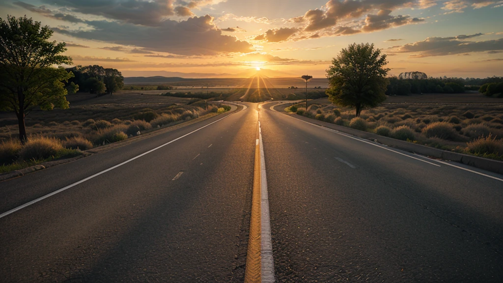 A road illuminated by the rising sun, symbolizing new beginnings and hopes.