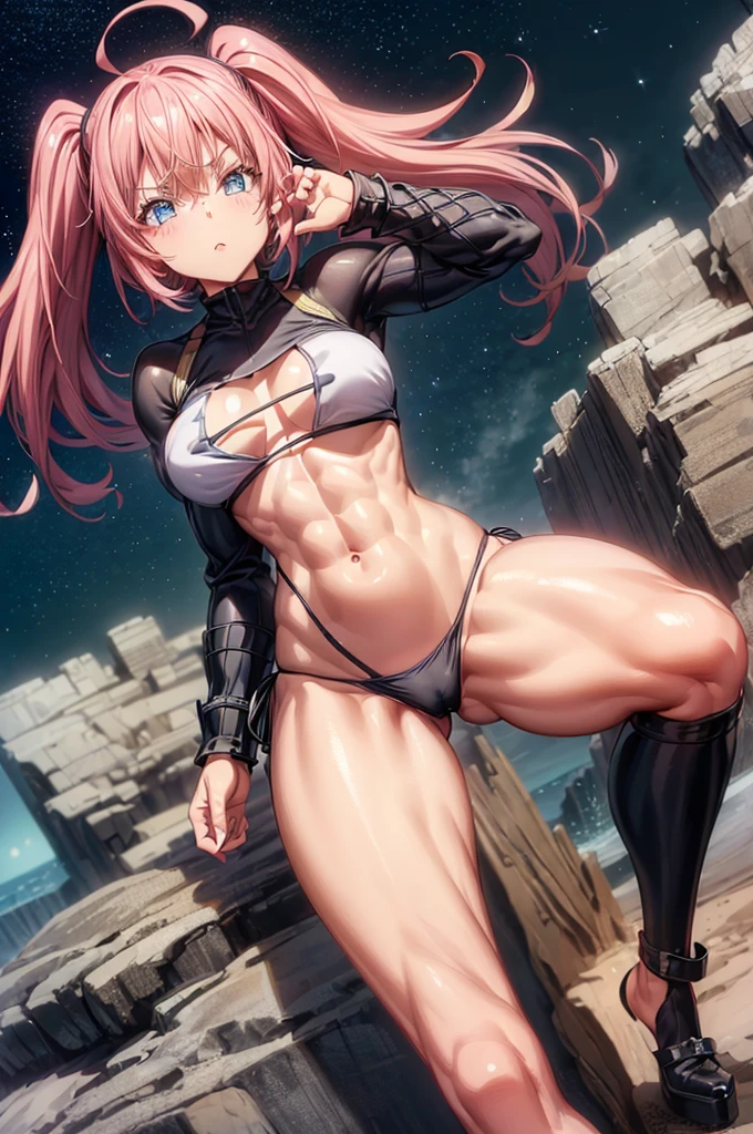 (((1 girl))), (average breasts))), (((wearing short bikini))), (long pink hair), (((blue eyes))), Thin arms, (on the beach at night with starry sky and full moon blood), (slim waist), (((long muscular legs))), muscular belly, wearing black high heel shoes, showing me her big ass, (((full body photo)) ), (twintails), long eyes, eye flare, Bad mood, anime, anime style, ray tracing, reflection, drop shadow, panorama, Sony FE, 8K, UDisk, artwork, Accurate, anatomically correct, Super Detail, best quality, ultra-high resolution, hard disk, 16K