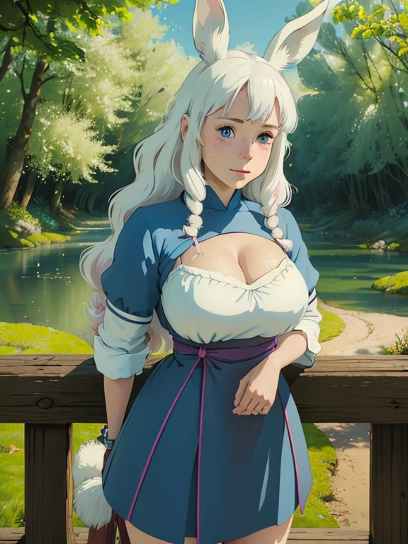 (best quality,4k,8k,highres,masterpiece:1.2), ultra-detailed, realistic:1.37, young solo girl, detailed blue eyes, bunny ears,bunny tail, freckles,large breasts, cute, white hair, long wavy hair, portrait, vibrant colors, soft lighting, in a park, wearing Japanese style clothes