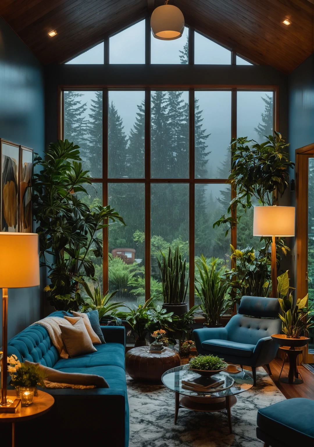 ((Mid-century modern living room)), dimly-lit, (cloudy and rainy night:1.2), Pacific Northwest, (Poor lighting:1.2), (moody lighting:1.3), plants, large plants, many plants, (fogged up windows:1.2), work of art, best qualityer, Twilight time, Blue Hour