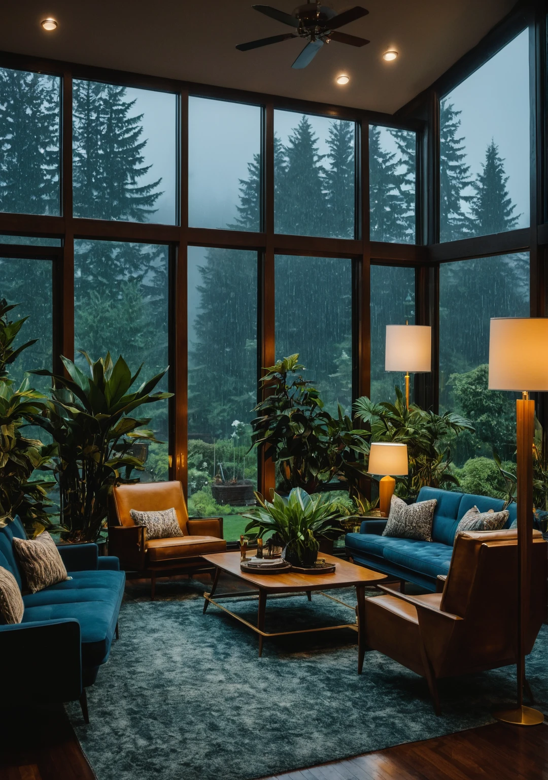 ((Mid-century modern living room)), dimly-lit, (cloudy and rainy night:1.2), Pacific Northwest, (Poor lighting:1.2), (moody lighting:1.3), plants, large plants, many plants, (fogged up windows:1.2), work of art, best qualityer, Twilight time, Blue Hour