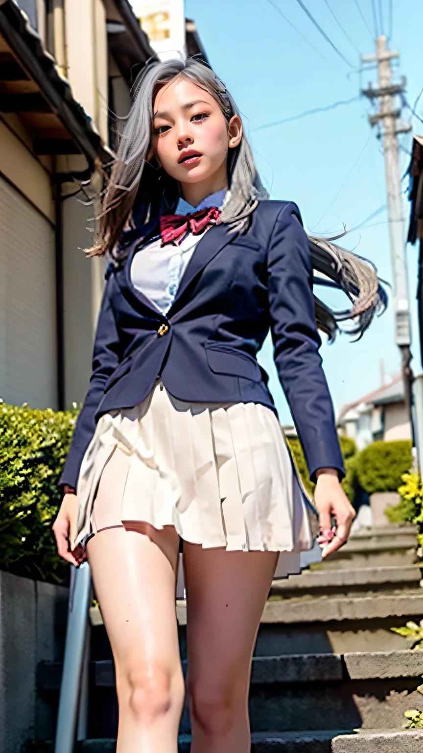 (High school girls walking on Tokyo street:1.2、blue sky)、((school uniform、blazer、Pleated skirt、Navy blue socks、loafers)、the wind is strong、(Realistic、Like a photograph、Live Action、8K, Realistic, RAW Photos, Best image quality: 1.4), Single-lens reflex camera、RAW Photos, Highest quality, Realistic, Highly detailed CG Unity 8K wallpaper, Written boundary depth, Cinematic Light, Lens flare, Ray Tracing, Realistic background、((ultra high density skin))、 age girl on her way to school,Cute Japanese、(whole body:1.5)、Super detailed face,avert your eyes:1.1、(Silver inner color hair、Straight Long Hair:1.2、My hair flutters in the wind:1.4)、I like that style、stylish、Very detailed、Pay attention to the details、Perfect outfit、(Sunburned skin)、View from below、Accurate hands、Accurate legs、Detailed hands and fingers、Anatomically correct body、Thin legs、Thin thighs、Large Breasts、Detailed white panties