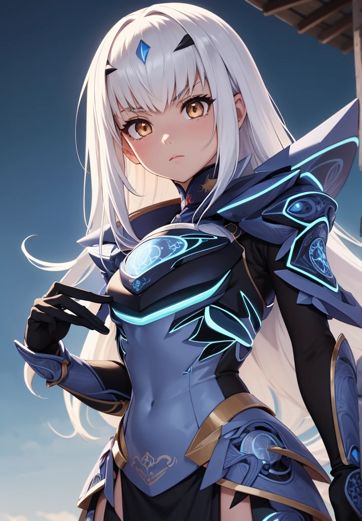 Melusina, Melusina, (Brown eyes:1.5), long hair, White hair, side locks, (small chest:1.2),
Armor BREAK, dress blindado, dress negro, gloves negros, blue armor, dress azul, peto, dress, sashes, gloves, mask, shoulder pads, dress corto, shoulder armor,
REST looking at the viewer,
REST outdoors,
BREAK (Masterpiece:1.2), Best Quality, high resolution, unity 8k wallpaper, (illustration:0.8), (Beautiful detailed eyes:1.6), extremely detailed face, perfect lighting, Extremely detailed CG, (perfect hands, perfect anatomy),