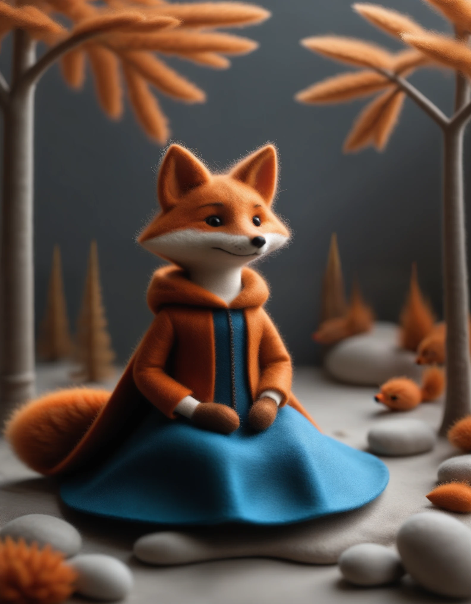 1girl,maozhan, felt style, masterpiece,high quality, the image features a felt-made character with spiky orange hair and a blue cloak,seated next to a red fox on a gray stone. The background is a neutral shade.,