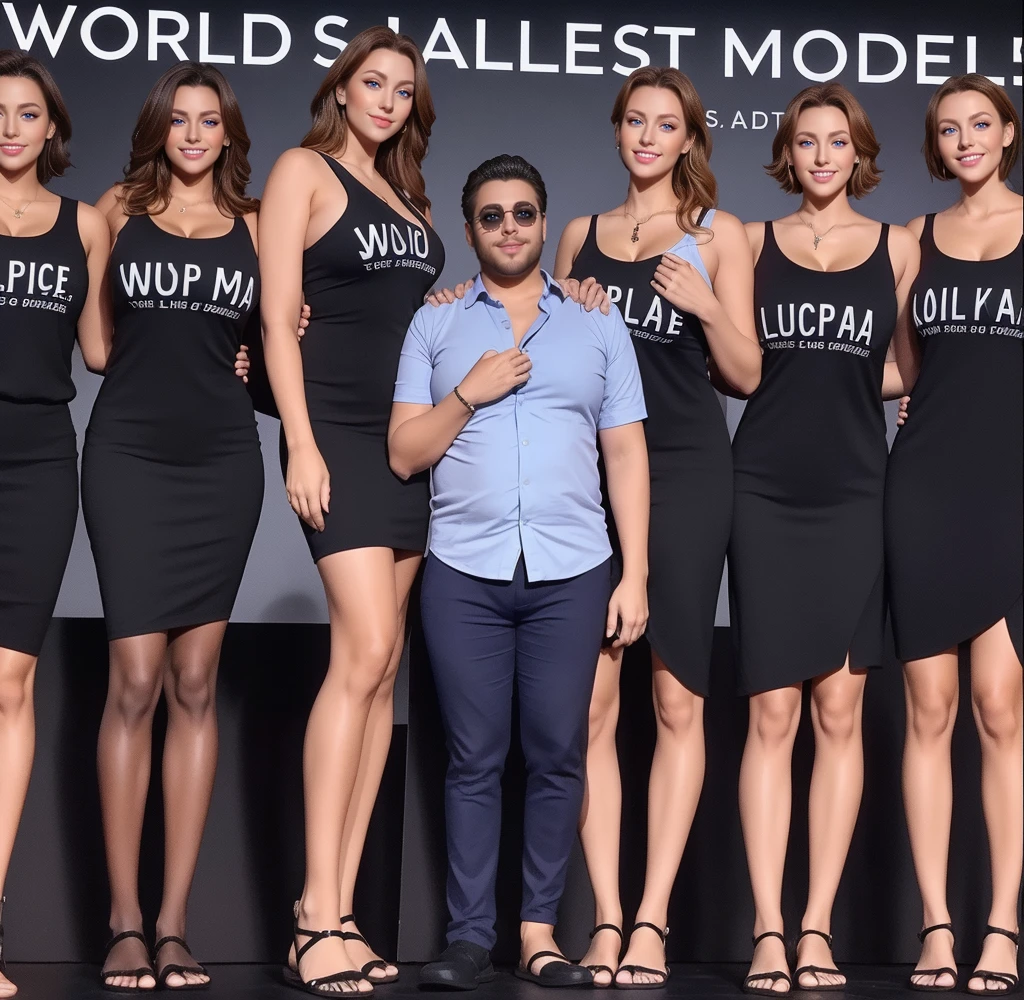 Three tall girls on the lfe left, three tall girls in the right, short man in the middle, the girls are much taller than the man, girls have big and cleavage, girls are wearing black, man is wearing blue shirt, girls are standing barefoot, man is wearing shoes,