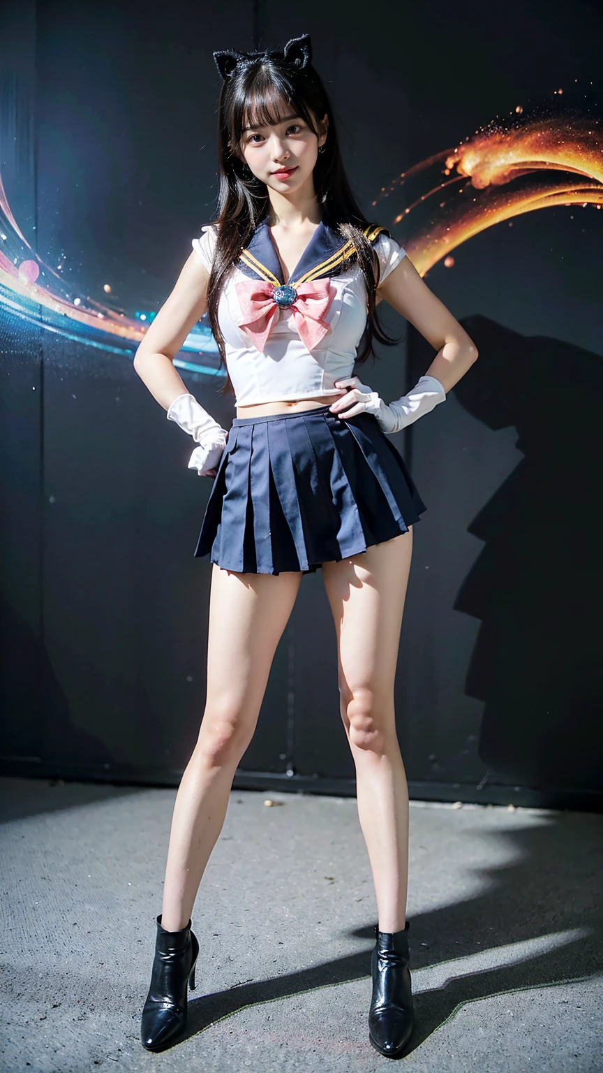 (8K、RAW Photos、Highest quality、masterpiece:1.2)、(Realistic、Realistic)、1 Girl、((Sailor Moon Costume:1.2、Thin legs、whole body、View from the front、smile、Looking into the camera、Stand with hands on hips))、cute