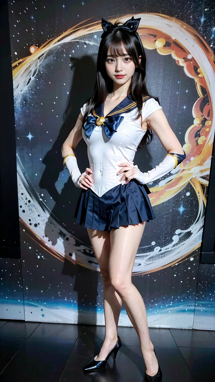 (8K、RAW Photos、Highest quality、masterpiece:1.2)、(Realistic、Realistic)、1 Girl、((Sailor Moon Costume:1.2、Thin legs、whole body、View from the front、smile、Looking into the camera、Stand with hands on hips))、cute