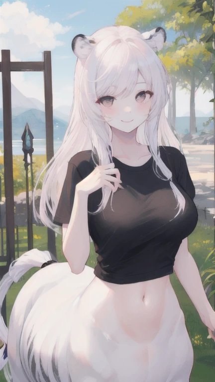 (best quality, masterpiece), 1 girl, centaur, It takes, White skin, Korean ,daughter,black pink,Smiling, exposing the abdomen, belly button t-shirt , 아름다운 소녀 Perfect wild white tiger photo, Perfect wild white tiger photo