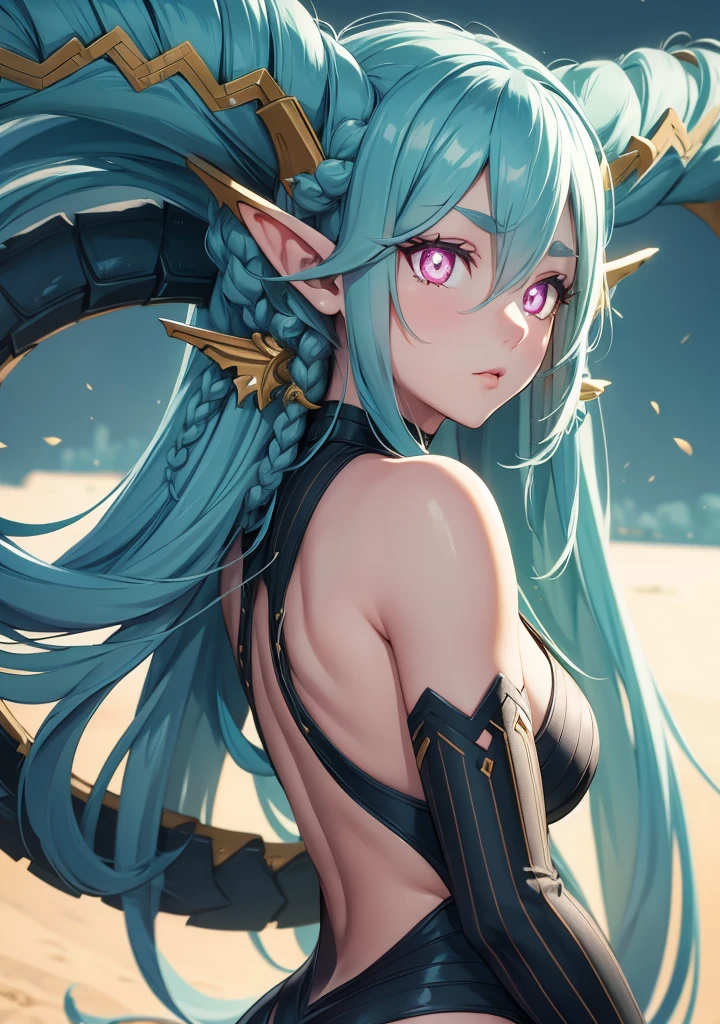 tiamat, tiamat, absurdly long hair, aqua hair, braid, curled horns, gradient hair, horns, long horns, multicolored hair, pink eyes, pointy ears, symbol-shaped pupils, twin braids, (x-shaped pupils:1.5),
BREAK ,
BREAK looking at viewer,
BREAK outdoors,
BREAK (masterpiece:1.2), best quality, high resolution, unity 8k wallpaper, (illustration:0.8), (beautiful detailed eyes:1.6), extremely detailed face, perfect lighting, extremely detailed CG, (perfect hands, perfect anatomy),