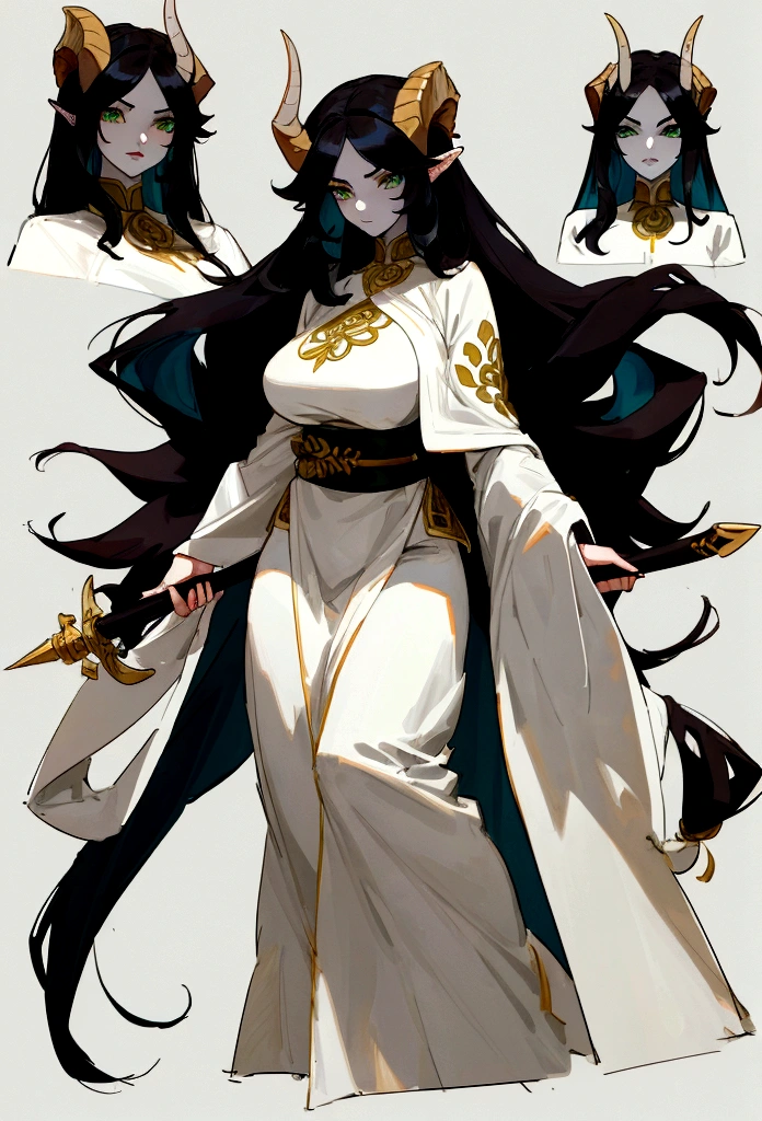 model sheet Female warrior character, with long black hair, green eyes, pale skin, with huge, curved horns like those of a ram, coming out of the temples and curling backwards, wielding a dagger with mastery