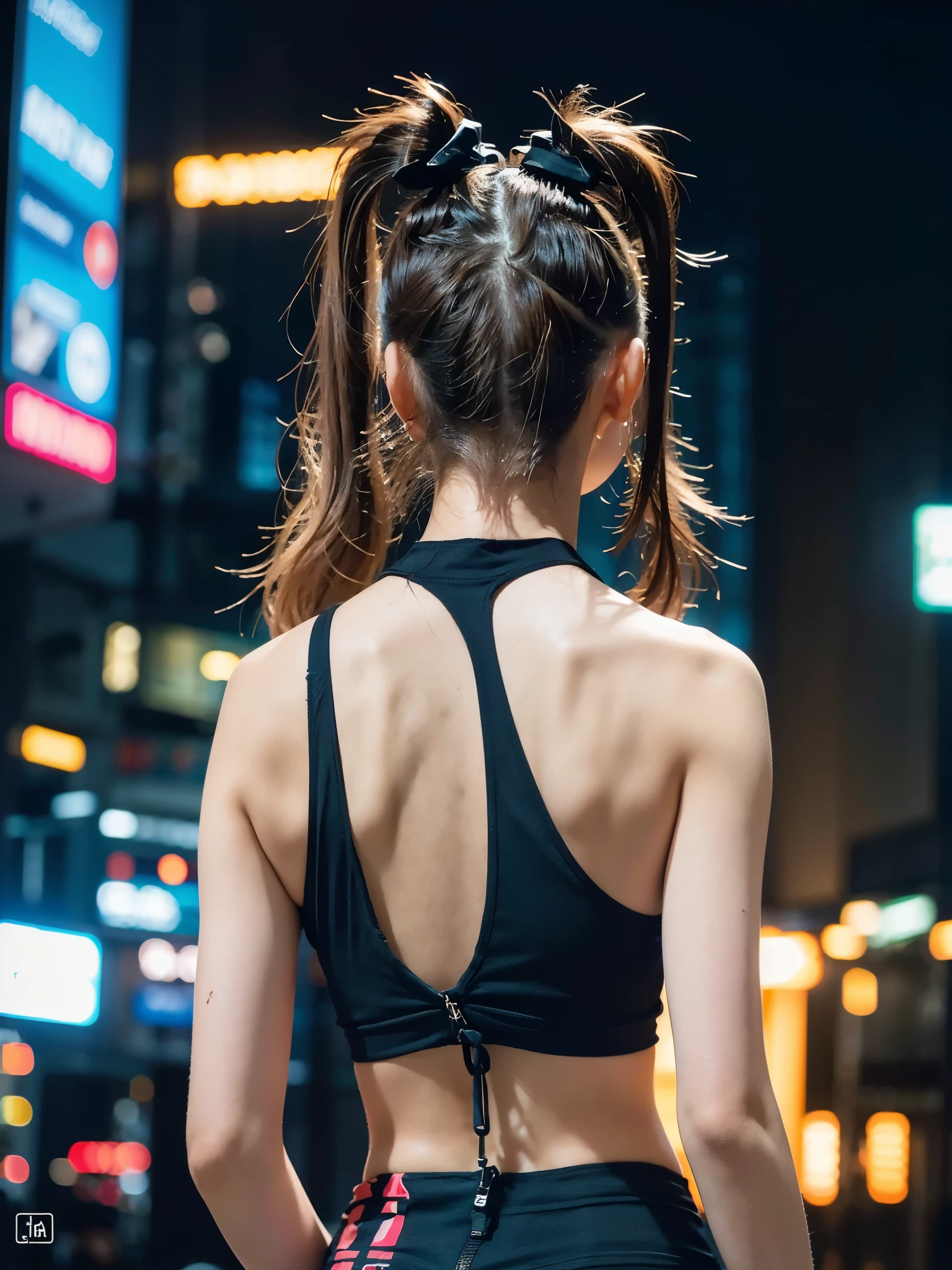 Top quality, 1 beautiful woman, ((Twintails)), wearing tank top, mini skirt, ((fair-skin)), standing, (from_behind:1.3), 30mm lens, f/1, Moody neon Lighting, night, at Futuristic cyberpunk city