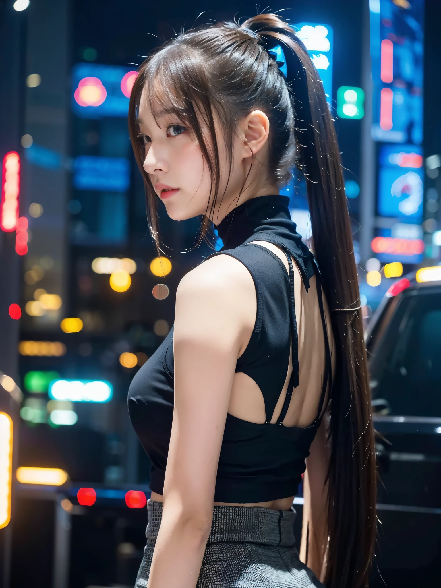 Top quality, 1 beautiful woman, ((Twintails)), wearing tank top, mini skirt, ((fair-skin)), standing, (from_behind:1.3), 30mm lens, f/1, Moody neon Lighting, night, at Futuristic cyberpunk city