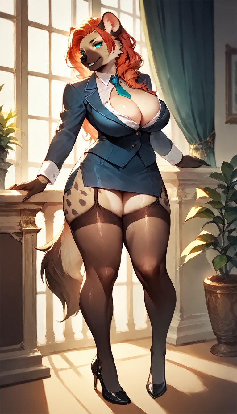 score_9, score_8_up, score_7_up, score_6_up, score_5_up, score_4_up, (solo), female anthro hyena, secretary clothes, skirt, high heels, lusty, fluffy body, long blond hair, turquoise eyes, (thick thighs:1.5)((( offering the breasts))) sex partial clothes, (((cleavage))) semi-butonned uniform niform, (barely_visible_booba) (she is standing) , giant breasts, garter belt tights 