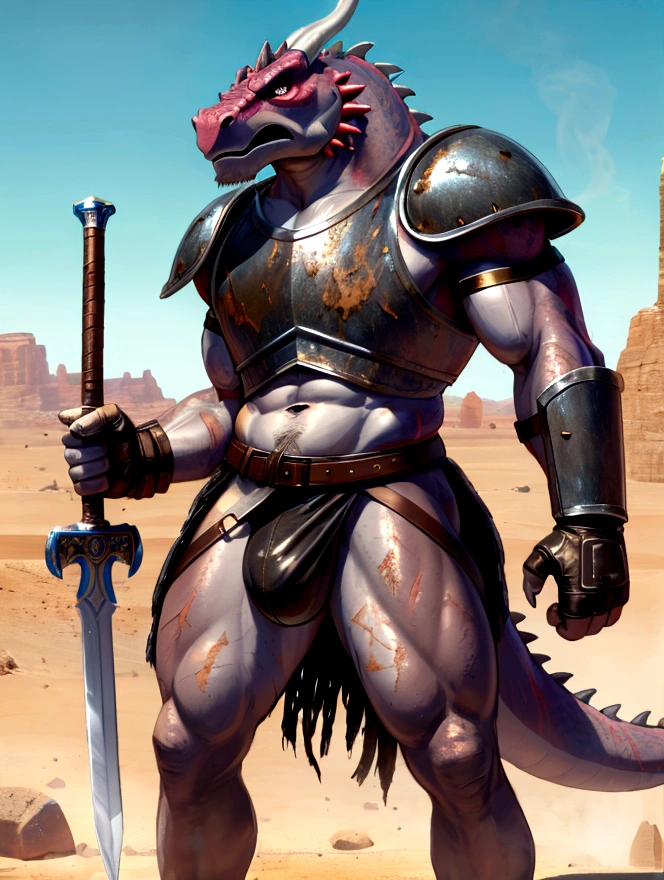 Solo Sexy anthro scalie dragon male mercenary medieval solider, slim endomorph muscular handsome model male apperance, sword scars, worn out rusty skimpy armament, low on hips heavy leather belt, old very worn out skimpy dirty linen material jockstrap, old yellow dirty worn out stains on white jockstrap, skimpy armlets studded breastplate armor, skimpy rusty breastplate, leather biceps tighs bondages, fingerless leather gloves, smelly unwashed husk, dirty body look, desert battlefield, battlefield aftermatch landscape (scattered or stuck spears, weapons) standing in fighting ready position, legs wide open, close view of full character, angry hesitant, watchful eyes, angry, clenches his teeth