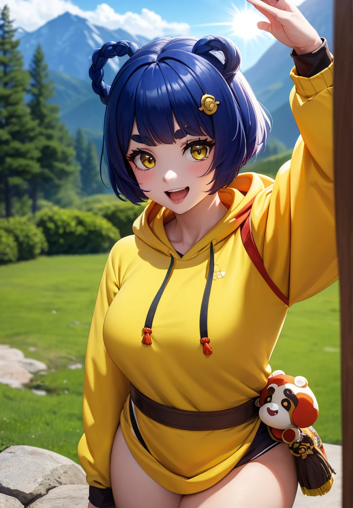 Masterpiece, Best Quality, 1 girl, Xiangling (genshin impact), selfie, SMILE, hair ornament, IN, looking at the viewer, yellow eyes, short hair, :d, fringe, hair pin, Open mouth, long sleeves, thick eyebrows, Hoodie, >_<, blue hair, puesta de sun, Casual, blurred, Arm raised, fringe romo, Upper part of the body, suno, disfraz alternatiINo, sun, reaching the viewer, Xd, sweater, outdoor, braid, panda, mountain, depth of field, sky