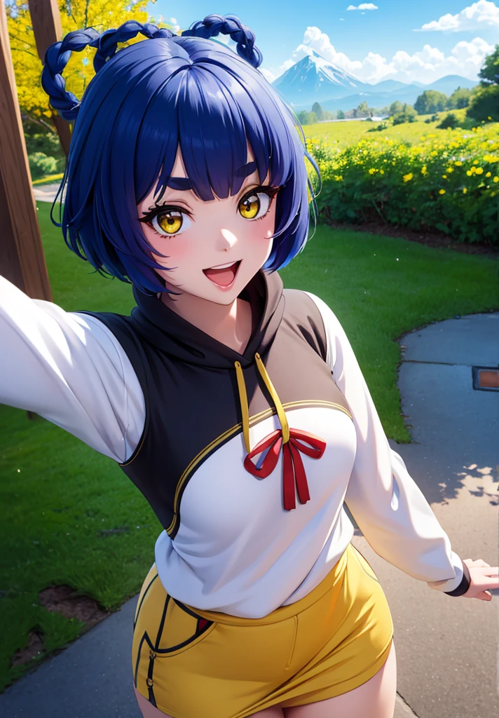 Masterpiece, Best Quality, 1 girl, Xiangling (genshin impact), selfie, SMILE, hair ornament, IN, looking at the viewer, yellow eyes, short hair, :d, fringe, hair pin, Open mouth, long sleeves, thick eyebrows, Hoodie, >_<, blue hair, puesta de sun, Casual, blurred, Arm raised, fringe romo, Upper part of the body, suno, disfraz alternatiINo, sun, reaching the viewer, Xd, sweater, outdoor, braid, panda, mountain, depth of field, sky