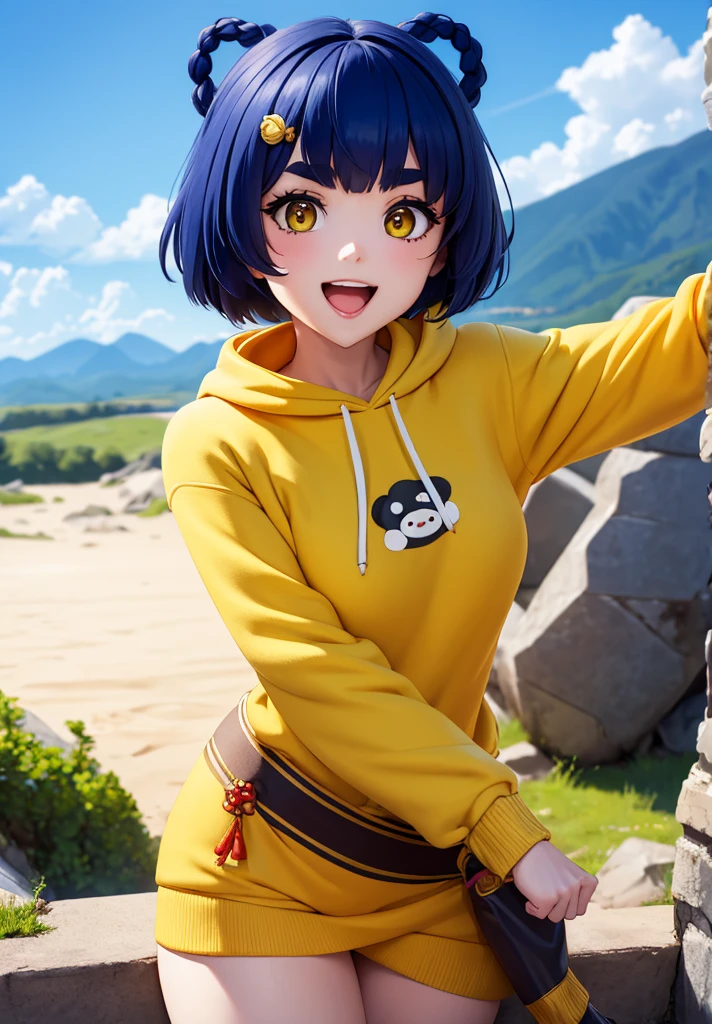 Masterpiece, Best Quality, 1 girl, Xiangling (genshin impact), selfie, SMILE, hair ornament, IN, looking at the viewer, yellow eyes, short hair, :d, fringe, hair pin, Open mouth, long sleeves, thick eyebrows, Hoodie, >_<, blue hair, puesta de sun, Casual, blurred, Arm raised, fringe romo, Upper part of the body, suno, disfraz alternatiINo, sun, reaching the viewer, Xd, sweater, outdoor, braid, panda, mountain, depth of field, sky