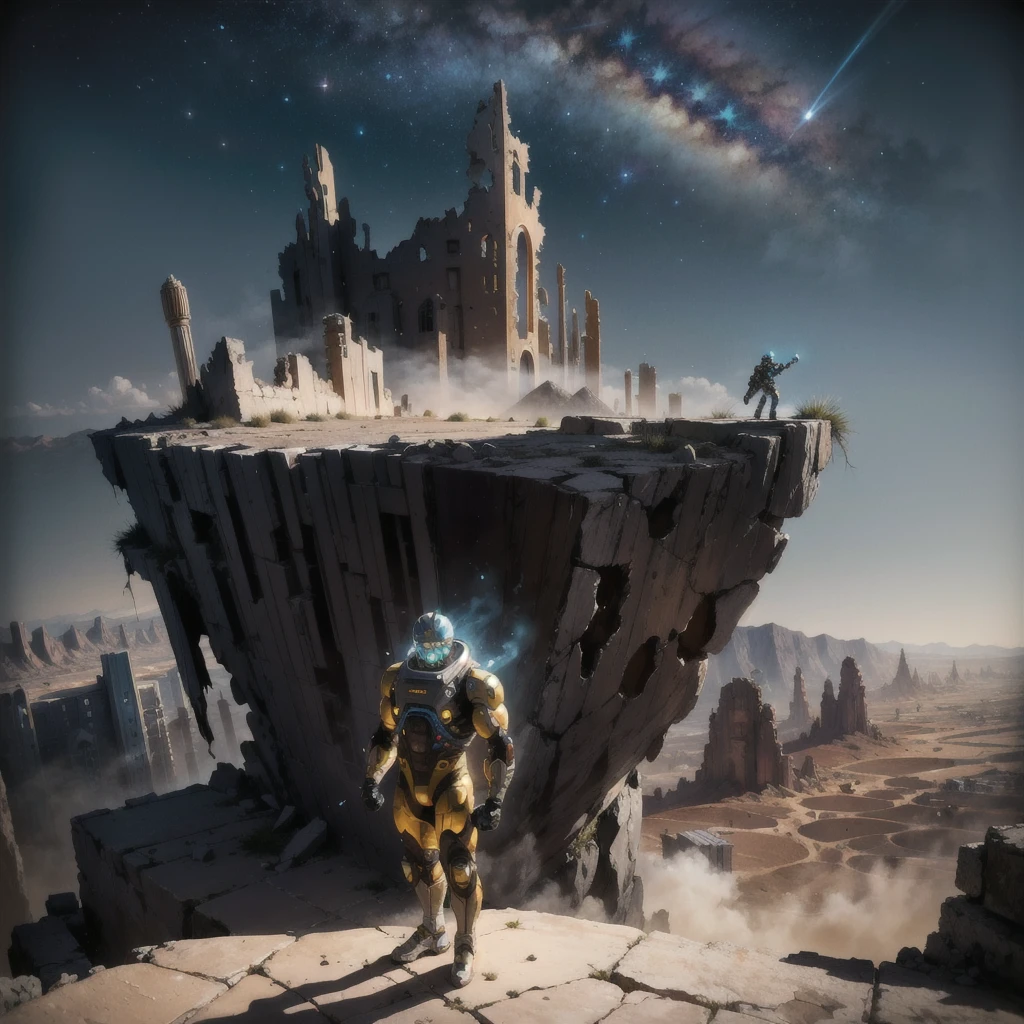 At the top of the mountain and on the edge of the cliff, a muscular man wearing a silver and yellow spacesuit, holding dumbbells with right hand, man looking at the camera, Beautiful feet, robotic style boots, perfekt teeth, perfect toes, perfects eyes, showing the entire body while standing. Under the cliff, Monsters slowly emerge from the ruins of a desolate city built in the desert, Going to the stars, cinematic lighting, melhorar, anáglifo, optical illusion from above, atmospheric perspective, ultra HD, 8K.