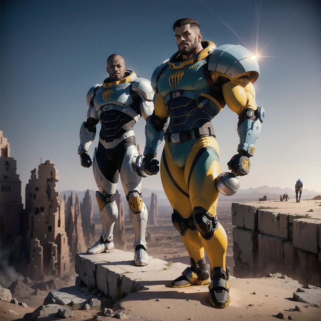 At the top of the mountain and on the edge of the cliff, a muscular man wearing a silver and yellow spacesuit, holding dumbbells with right hand, man looking at the camera, Beautiful feet, robotic style boots, perfekt teeth, perfect toes, perfects eyes, showing the entire body while standing. Under the cliff, Monsters slowly emerge from the ruins of a desolate city built in the desert, Going to the stars, cinematic lighting, melhorar, anáglifo, optical illusion from above, atmospheric perspective, ultra HD, 8K.