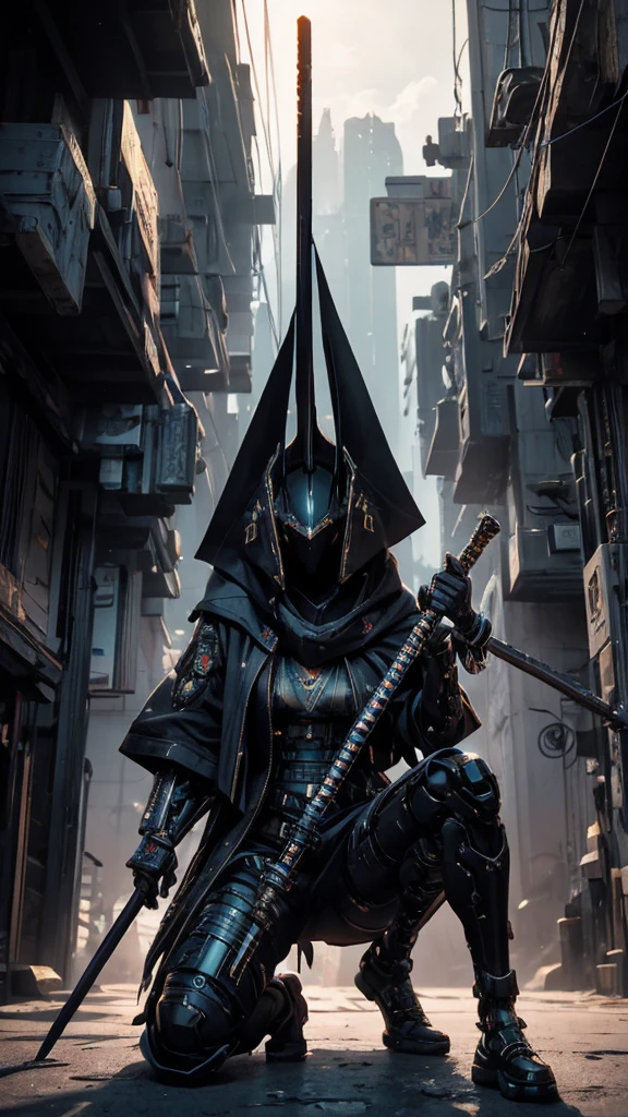 A nomadic robot, in the desert, wearing a disheveled shawl, holding a staff, wearing a large metal hat, rough, rusty, dusty body, thin frame, tall, cyberpunk, Cyborg., Session surreal version of a woman kneeling down on one leg holding a sword in her hand, very beautiful cyberpunk samurai, anime cyberpunk art, cyberpunk samurai, cyberpunk anime art, cyberpunk anime, cgsociety 9, technical cyberpunk anime art number, style of maciej kuciara.1girl, samurai armor, devil mask helmet, intricate, detailed ornaments, cool colors, metallic, Egyptian details, extremely intricate details, luster realistic lighting, trends in cgs society, glowing eyes, facing camera, neon details, surreal details, full body portrait, Japanese atmosphere, global illumination, shadows, rendering octane, 8k, super sharp. cool lolita.fix body