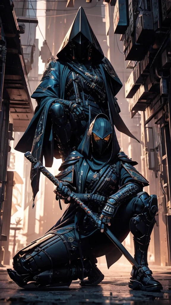 A nomadic robot, in the desert, wearing a disheveled shawl, holding a staff, wearing a large metal hat, rough, rusty, dusty body, thin frame, tall, cyberpunk, Cyborg., Session surreal version of a woman kneeling down on one leg holding a sword in her hand, very beautiful cyberpunk samurai, anime cyberpunk art, cyberpunk samurai, cyberpunk anime art, cyberpunk anime, cgsociety 9, technical cyberpunk anime art number, style of maciej kuciara.1girl, samurai armor, devil mask helmet, intricate, detailed ornaments, cool colors, metallic, Egyptian details, extremely intricate details, luster realistic lighting, trends in cgs society, glowing eyes, facing camera, neon details, surreal details, full body portrait, Japanese atmosphere, global illumination, shadows, rendering octane, 8k, super sharp. cool lolita.fix body