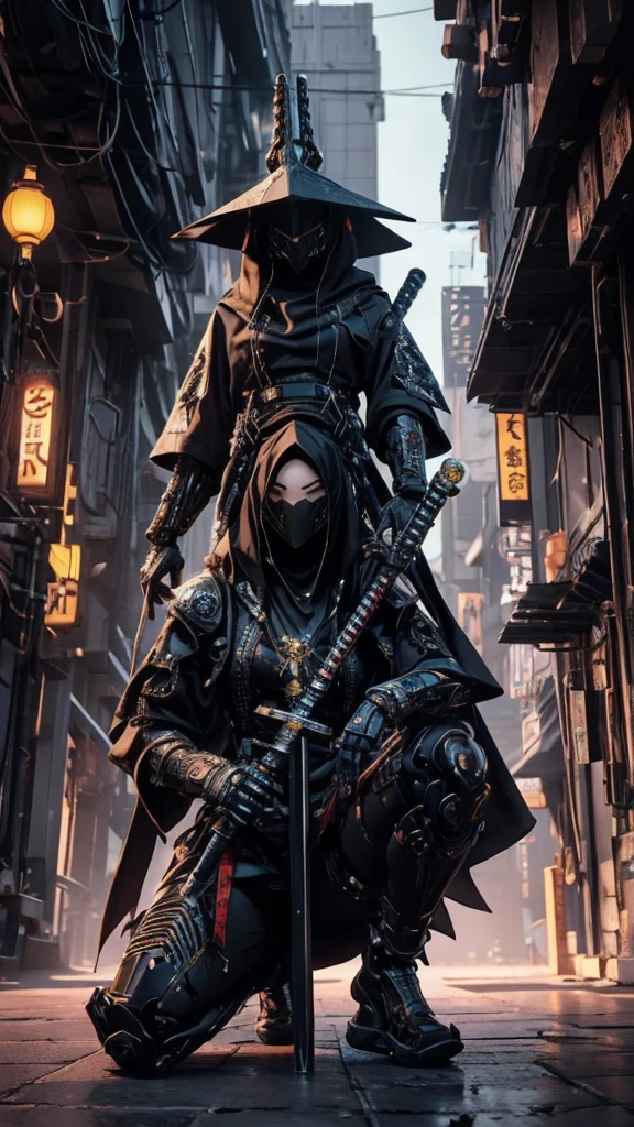 A nomadic robot, in the desert, wearing a disheveled shawl, holding a staff, wearing a large metal hat, rough, rusty, dusty body, thin frame, tall, cyberpunk, Cyborg., Session surreal version of a woman kneeling down on one leg holding a sword in her hand, very beautiful cyberpunk samurai, anime cyberpunk art, cyberpunk samurai, cyberpunk anime art, cyberpunk anime, cgsociety 9, technical cyberpunk anime art number, style of maciej kuciara.1girl, samurai armor, devil mask helmet, intricate, detailed ornaments, cool colors, metallic, Egyptian details, extremely intricate details, luster realistic lighting, trends in cgs society, glowing eyes, facing camera, neon details, surreal details, full body portrait, Japanese atmosphere, global illumination, shadows, rendering octane, 8k, super sharp. cool lolita.fix body