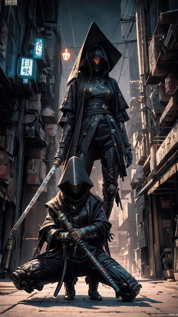 A nomadic robot, in the desert, wearing a disheveled shawl, holding a staff, wearing a large metal hat, rough, rusty, dusty body, thin frame, tall, cyberpunk, Cyborg., Session surreal version of a woman kneeling down on one leg holding a sword in her hand, very beautiful cyberpunk samurai, anime cyberpunk art, cyberpunk samurai, cyberpunk anime art, cyberpunk anime, cgsociety 9, technical cyberpunk anime art number, style of maciej kuciara.1girl, samurai armor, devil mask helmet, intricate, detailed ornaments, cool colors, metallic, Egyptian details, extremely intricate details, luster realistic lighting, trends in cgs society, glowing eyes, facing camera, neon details, surreal details, full body portrait, Japanese atmosphere, global illumination, shadows, rendering octane, 8k, super sharp. cool lolita.fix body