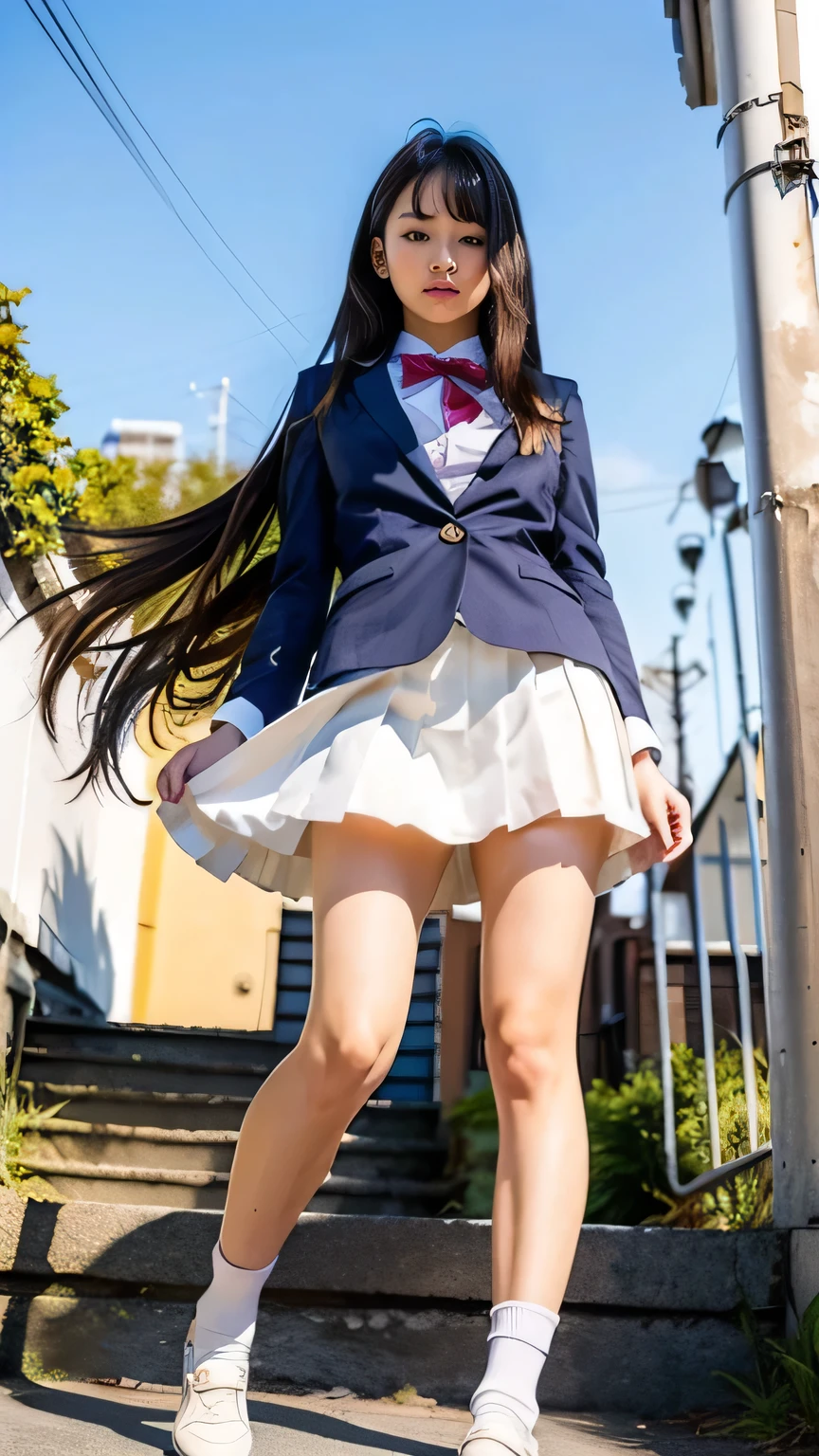 (High school girls walking on Tokyo street:1.2、blue sky)、((school uniform、blazer、Pleated skirt、Navy blue socks、loafers)、the wind is strong、(Realistic、Like a photograph、Live Action、8K, Realistic, RAW Photos, Best image quality: 1.4), Single-lens reflex camera、RAW Photos, Highest quality, Realistic, Highly detailed CG Unity 8K wallpaper, Written boundary depth, Cinematic Light, Lens flare, Ray Tracing, Realistic background、((ultra high density skin))、  girl on her way to school,Cute Japanese、(whole body:1.5)、Super detailed face，avert your eyes:1.1、(Silver inner color hair、Straight Long Hair:1.2、My hair flutters in the wind:1.4)、I like that style、stylish、Very detailed、Pay attention to the details、Perfect outfit、(Sunburned skin)、View from below、Accurate hands、Accurate legs、Detailed hands and fingers、Anatomically correct body、Thin legs、Thin thighs、Large Breasts、Detailed white panties