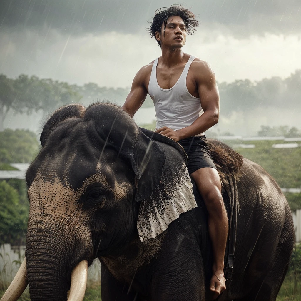 A handsome 30-year-old Indonesian man with layered hair, wearing a white singlet and black shorts, is riding an elephant with long tusks. The background features lush grasslands in heavy rain.