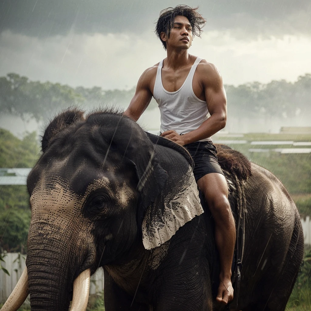 A handsome 30-year-old Indonesian man with layered hair, wearing a white singlet and black shorts, is riding an elephant with long tusks. The background features lush grasslands in heavy rain.