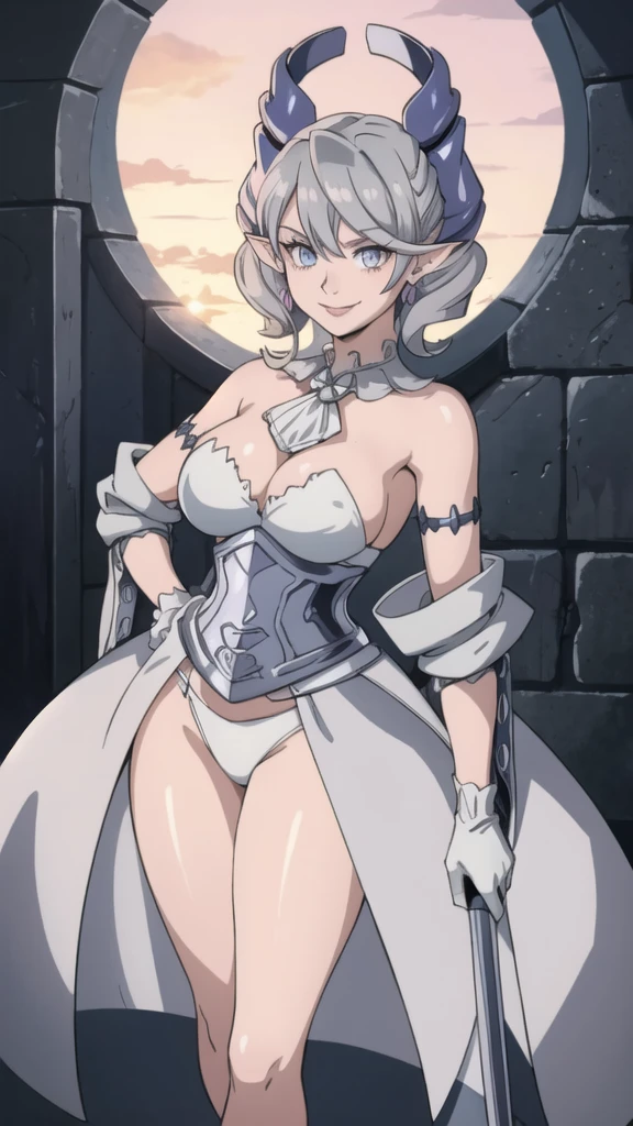 Beautiful arts wallpaper Sunset Outside castle top  High level image quality　best image quality　8K　 adult woman   silver castle outside  more colors   whole body view　portrait　 bikini blue   　horn    ears  　short hair（（shortcut）（gray hair）（perm）（fluffy））　eye color is blue ,  , 　attractive evil face , smile   ,  heroic stance   ,  labrynth ,  barearm  ,gloves   , wearing pink   , standing , 